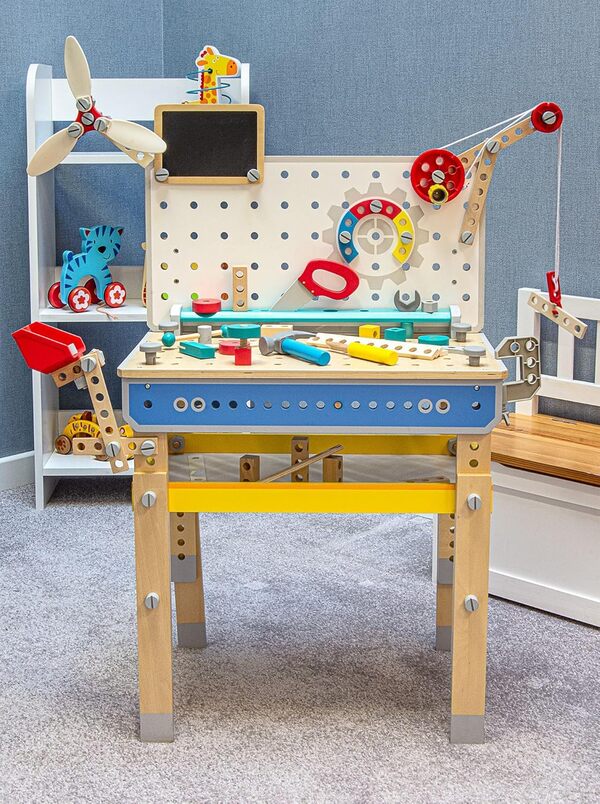 Leomark Grand Atelier d'outillage en Bois 117 pcs, Établi de Travail pour Enfants, Montessori Intellectuel Établi à Monter avec Outils, Petit Mécanicien, Ensemble de Construction, Grue, Excavatrice