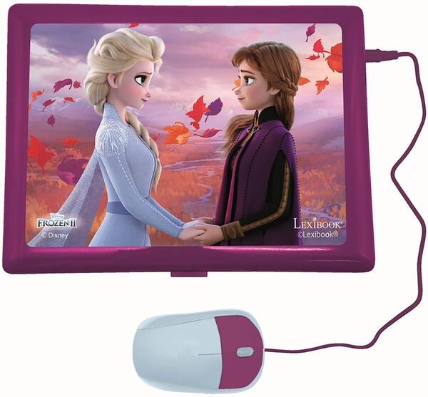 LEXIBOOK - Disney Frozen 2 - Ordinateur portable éducatif et bilingue espagnol/anglais - Jouet pour filles avec 124 activités d'apprentissage, jeux et musique avec Elsa et Anna - Bleu/Violet