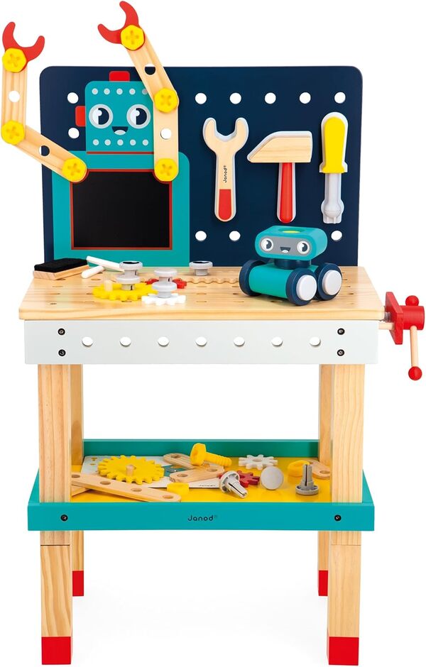 Janod - Mon Premier Jeu de Construction - Grand Établi Robot - Jeu de Bricolage Enfant - 50 Pièces - Hauteur Ajustable - Imitation - 3 Ans + - J06457