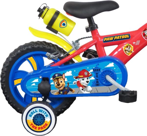 Vélo 12'' Pat Patrouille équipé de 2 Freins, Plaque Avant décorative, Garde boues, Carter et stabilisateurs + Casque Pat' Patrouille Inclus !, Rouge identique aux Photos