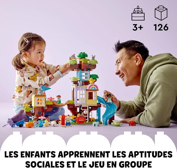LEGO 10993 Duplo La Cabane dans l’Arbre 3-en-1, Jouet Éducatif pour Enfants Dès 3 Ans, Filles et Garçons, avec 4 Figurines Animaux, des Briques et Toboggan