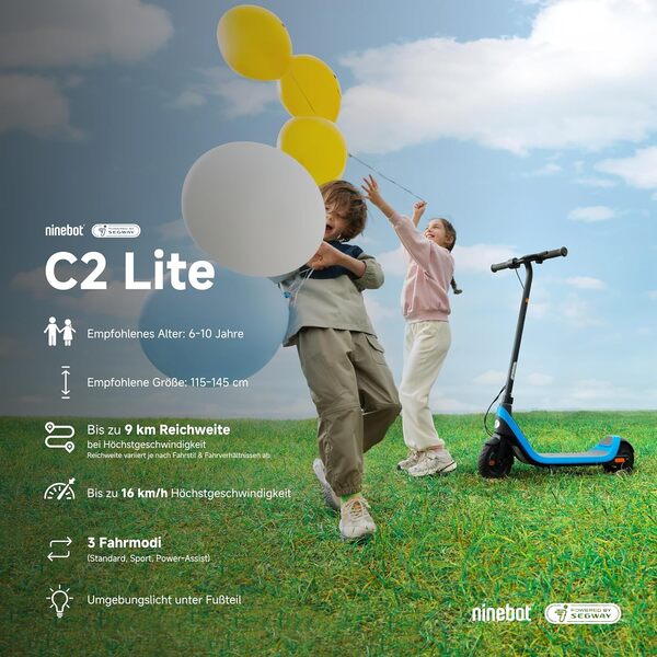 Segway-Ninebot C2 Light, Trottinette électrique Enfant, 3 Modes de Conduite avec Vitesse Maximale de 16 km/h