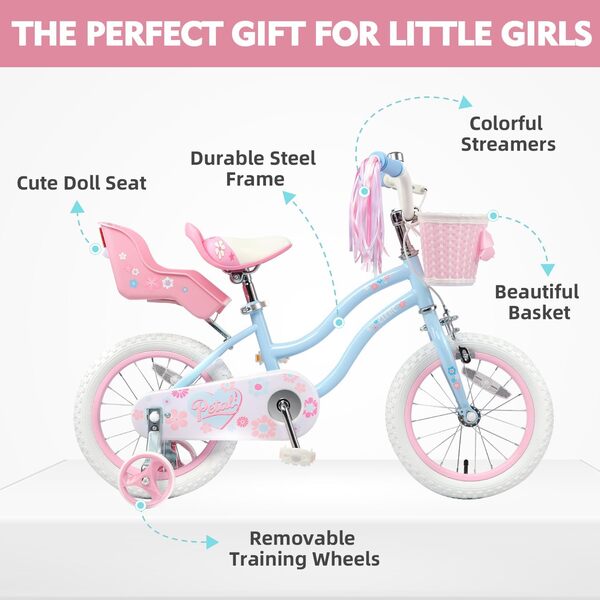 Glerc Vélo pour Enfants 12/14/16 Pouces pour Filles, Adapté aux Enfants de 2 à 8 Ans, Style Princesse, Équipé avec Panier, Glands de Guidon et Roues Stabilisatrices