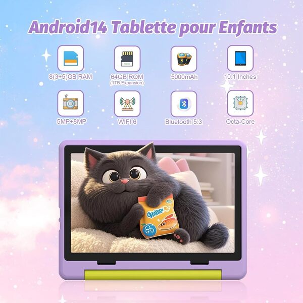 Tablette Enfants 10 Pouces Kids Tablette HD Écran IPS 1280 * 800 Tablettes Tactiles Pour Enfants Android 14 Octa-Core 8GB+64GB Extensible Jusqu’à 1TB Contrôle Parental 5MP+8MP WiFi 6 BT 5.3 (Violet)