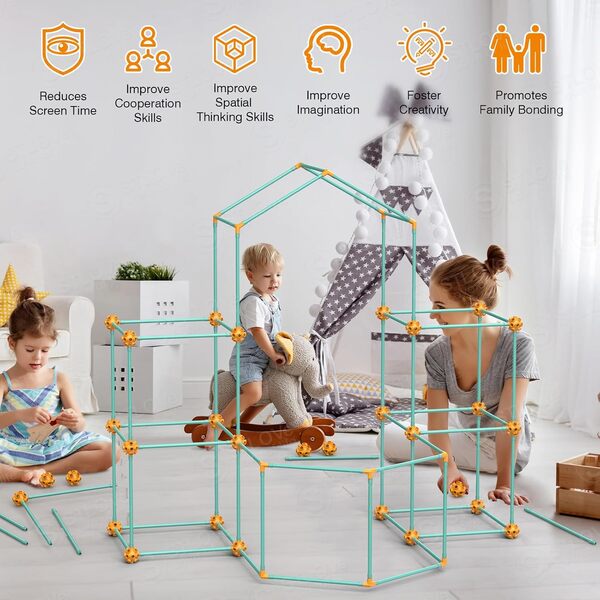 STLOVe® Kit de Construction Fort, Kids Fort Building Kits, DIY Puzzle Maison, 140Pcs Jouet Educatif, Bricolage Créatif Châteaux, Tente Cadeau Enfants Âge 5-10, Intérieur Tunnel Jouer(Tissu Inclus)