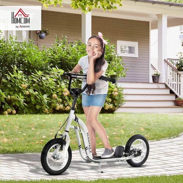 HOMCOM Trottinette Enfants, Grandes Roues pneumatiques 12 Pouce en Caoutchouc, Charge 100 kg, Trottinette Tout Terrain avec Double Freins, Hauteur réglable et béquille latérale, 5 à 12 Ans