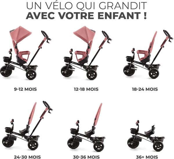 Kinderkraft Aveo Tricycle Bébé Évolutif, Draisienne Évolutif, Trike Bebe, Velo Poussette Bebe Évolutif, Velo Enfant 5 Ans, De 9 Mois, Pliable, Facile À Plier, Accessoires Pratiques, Rosa