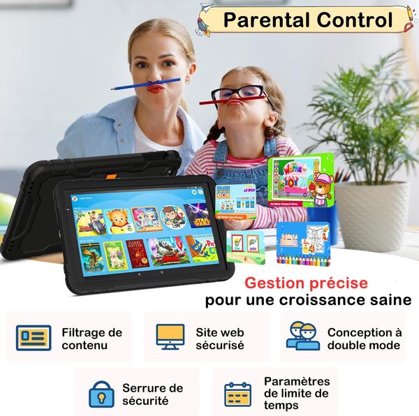 Tablette enfants 10 pouces, tablette Android 14 avec 5G Wifi, 22 Go RAM + 128 Go ROM | Contrôle parental | 8000 mAh | Octa Core | 5 + 8 MP | Protection en EVA antichoc + Support pivotant à 360° - Noir