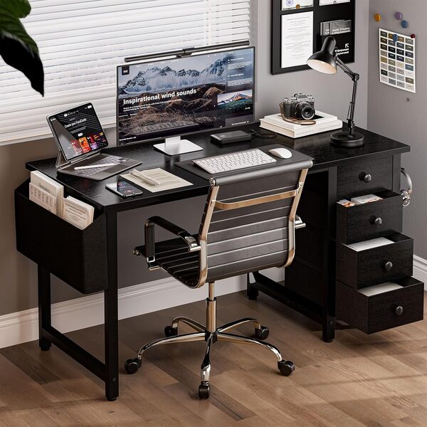 Grandder Petit bureau d'ordinateur de 120 cm avec 4 tiroirs en tissu - Réversible - Pour enfants, adolescents et bureau à domicile - Table de travail moderne pour chambre à coucher et petits espaces