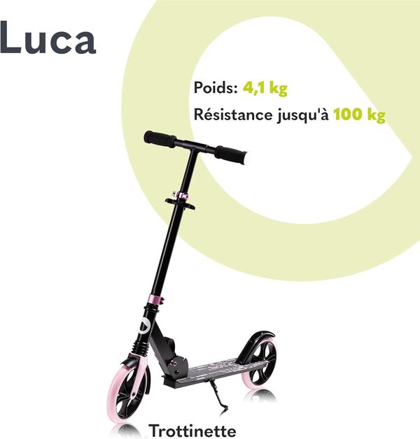 LIONELO LUCA trotinette Enfant et Adultes jusqu'à 100 kg, Construction Durable, Pliage, Rapide, Guidon Ajustable, Roues à 20 cm, Amortisseur ShockResist Frein (Noir)