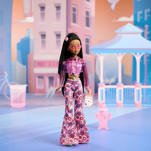 ​Barbie Signature My Scene Jai Doll and Accessories, Black Braids, Y2K-Inspired Outfit with Pink Top, Vinyl Jacket, Floral Flare Pants and Doll Stand, JBH74