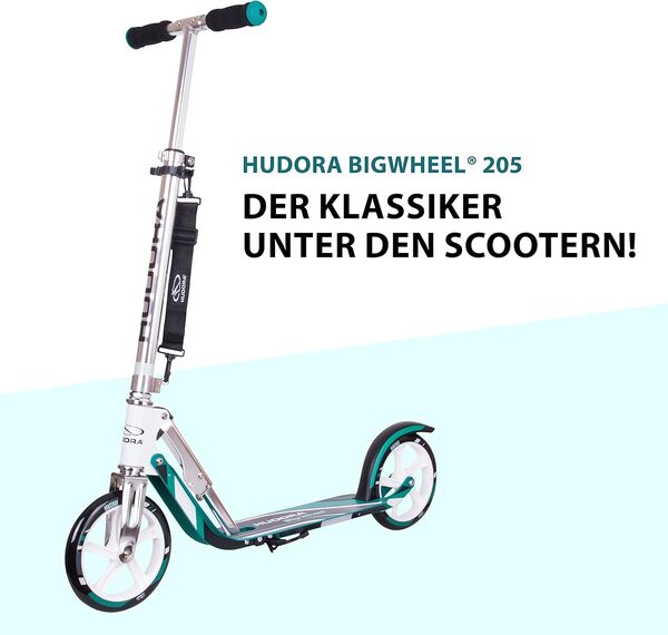 HUDORA BigWheel 205 Scooter - Trottinette Stable en Aluminium - Trottinette de Ville Ajustable en Hauteur & Pliable avec béquille - Trottinette Sportive pour Enfants & Adultes jusqu'à 100kg