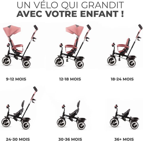 Kinderkraft Aston Tricycle Bébé Évolutif, Draisienne Évolutif, Trike Bebe, Velo Poussette Bebe Évolutif, Velo Enfant 5 Ans, De 9 Mois, Compact, Accessoires Pratiques, Capote Pliante, Rosa