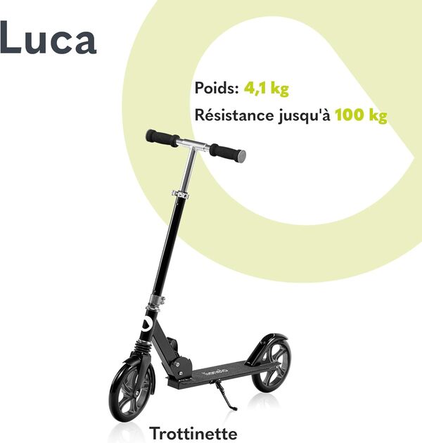LIONELO Luca trotinette Enfant et Adultes jusqu'à 100 kg, Construction Durable, Pliage, Rapide, Guidon Ajustable, Roues à 20 cm, Amortisseur ShockResist Frein (Noir)