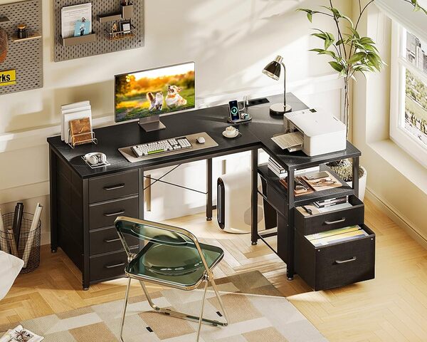 Coleshome Bureau d'angle avec Tiroirs en Tissu, Réversible Bureau en L avec Tiroir Classeur, Bureaux Ordinateur avec Port de Chargement USB et Prise de Courant, Bureaux à Domicile(Noir, 140x70cm)