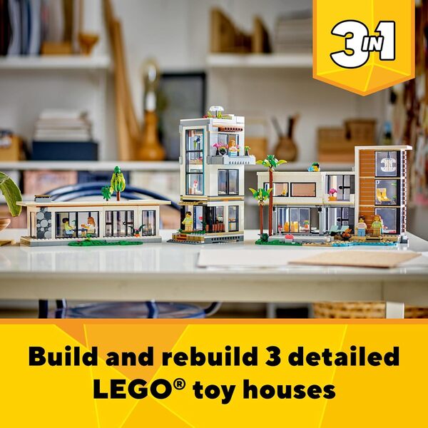 LEGO Creator 3 in 1 Modern Toy House - Kids Toy Building Set with 3 Building Options for Boys & Girls, Ages 9+ - with 2 Minifigures for Pretend Play - Gift Idea for Birthday - 31153