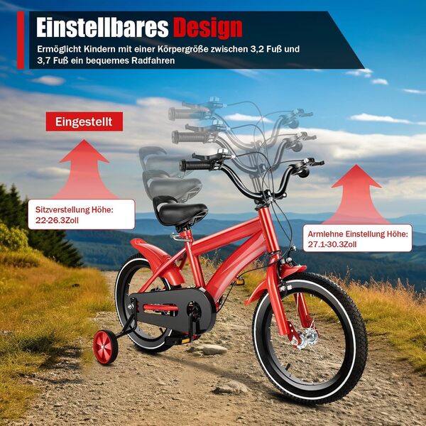 Vélo enfant 14 pouces pour garçons et filles à partir de 3 à 7 ans, vélo avec stabilisateurs, vélo pour enfants, hauteur réglable de 56 cm à 67 cm, pour l'entraînement en plein air