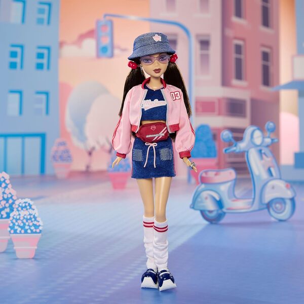 Barbie Signaure My Scene Poupée Nolee poupée emblématique habillée d’une tenue inspirée des années 2000 avec ensemble de sport assorti, veste courte, guêtres et socle pour poupée, JBH79