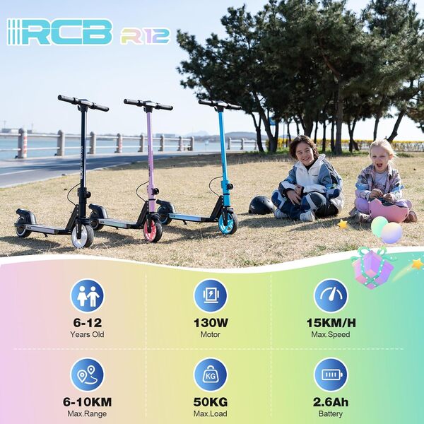 RCB R12 Trottinette électrique Enfant âge 6-12 Ans,jusqu'à 15 km/h & 10 km, 6,5