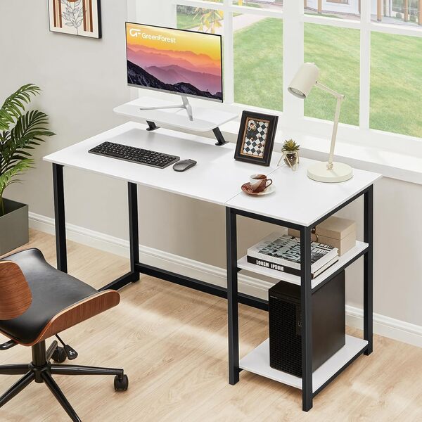 GreenForest Bureau avec Rangement,Petite Bureau d’Ordinateur avec Support de Moniteur, Bureau Gaming avec Étagères de Réversibles, 120cm Bureaux à Domicile et Postes de Travail Informatiques,Blanc