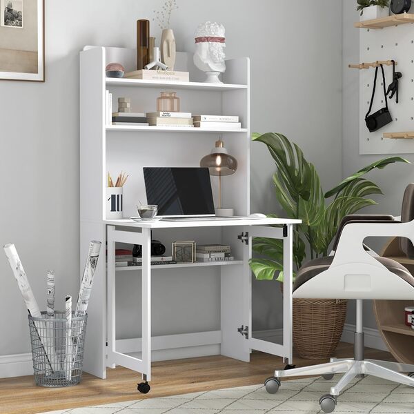 HOMCOM Bureau Informatique avec étagères de Rangement Bureau d'ordinateur avec Plateau Rabattable et 2 roulettes pour Chambre Salon et Maison 80 x 69 x 155 cm Blanc