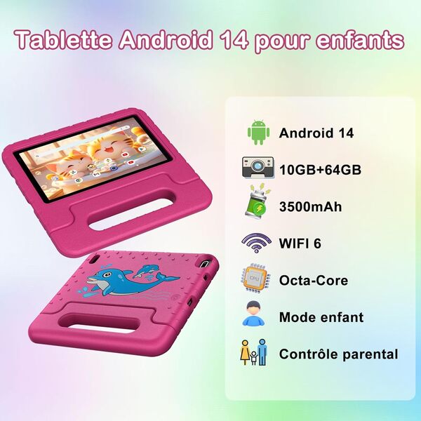 Tablette pour 7 Pouces Android Tablette Enfants avec 10GB+64GB(TF 1TB),Kids Tablette Tactile Octa-Core,Éducative Apps Pré-Installé,Contrôle Parental, WiFi 6, BT5.0,Cas EVA - Pink