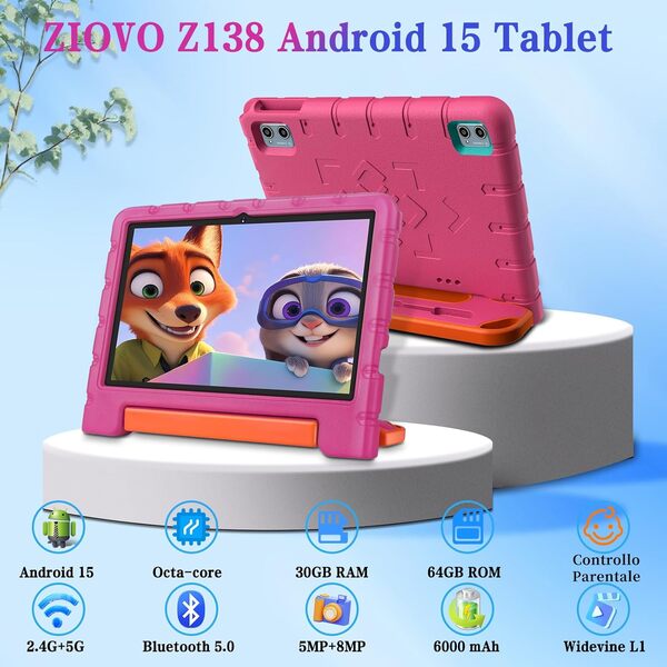 ZIOVO Tablette 10 Pouces Android 15, 30Go RAM+64Go ROM (TF 2To), 5G WiFi Tablettes, Gemini AI, Octa-Core/Widevine L1/Face ID/Contrôle Parental/6000 mAh/BT 5.0, Tablette avec étui Eva -Rose