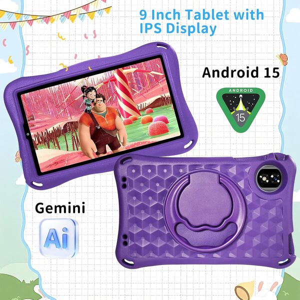 Tablette Enfants 9 Pouces Android 15 GMS,12Go RAM + 32Go ROM(TF 1 To), Octa-Core, Gemini AI Tablette Tactile, 5G WiFi 6, Widevine L1, 5000mAh,BT 5.0,Contrôle Parental Tablette avec EVA Cas-Violet