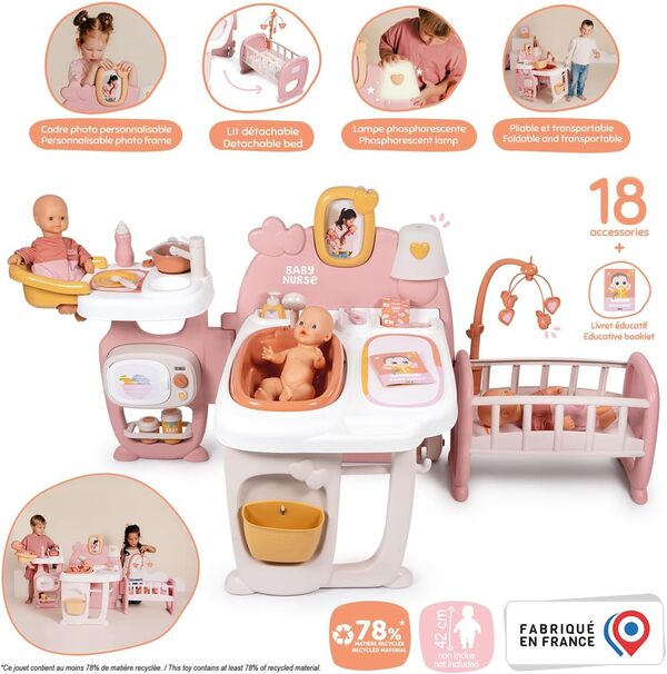Smoby - Baby Nurse - Grande Maison des Bébés - pour Poupons Jusqu'à 42 cms - 19 Accessoires - Matière Recyclée - A Partir de 3 Ans - Fabrication Française