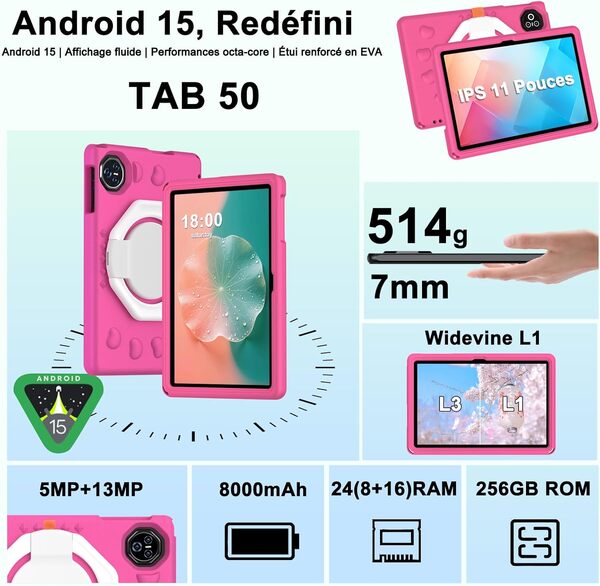2026 Tablette Android 15, Tablette pour enfants avec EVA Silicone É‌tui Protection, 24Go+256Go/2To, Tablet 11 Pouces, Octa-Core, Gemini AI/Widevine L1, 8000 mAh, 13MP+5MP, Boîtier Métallique-Rose