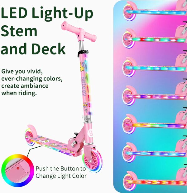 BELEEV V2 Trottinette pour Enfants 3 à 12 Ans, Trottinette Pliable à 2 Roues LED Roues Lumineuses, Stem, Deck, 3 Réglables en Hauteur, Trottinette pour Filles et Garçons, Scooter