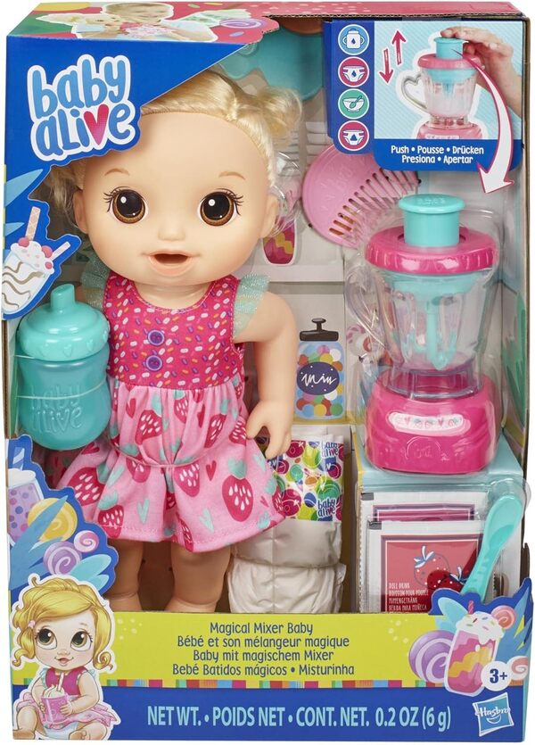 Baby Alive Poupée Magique à la Fraise avec Accessoires mélangeurs, Boissons, mouillent, Mange, Cheveux blonds pour Enfants à partir de 3 Ans