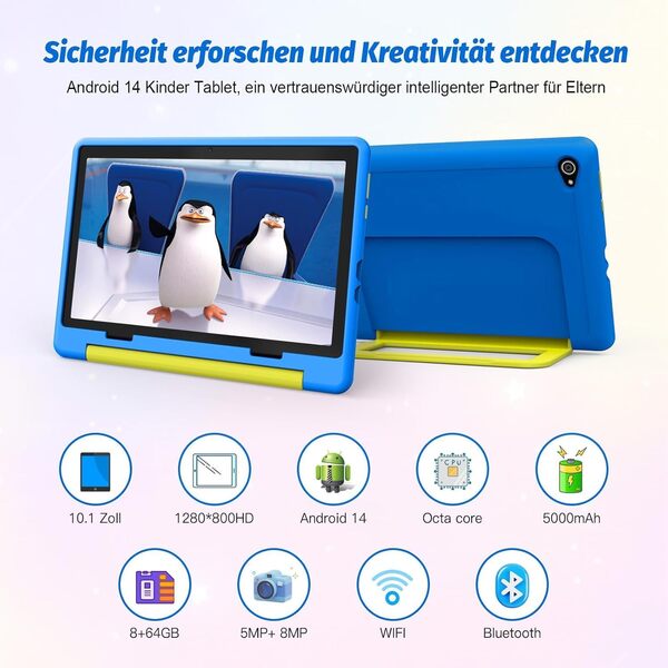 Tablette pour Enfant 10 Pouces, Android 14, Application Enfant, Octa-Core, 8GB RAM + 64GB ROM (TF 1TB), 5MP + 8MP, 5000mAh, Wi-Fi, Bluetooth, Type-C (Bleu)