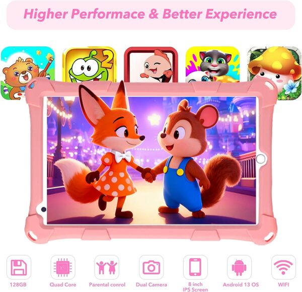 Tablette Enfants, 8 Pouces, Android, 6+10 RAM, 128Go ROM (Carte TF 256 Go), certifiée Google, Logiciel Enfant préinstallé, Wi-FI, Coque Antichoc, Cadeau pour Enfants (Rose)