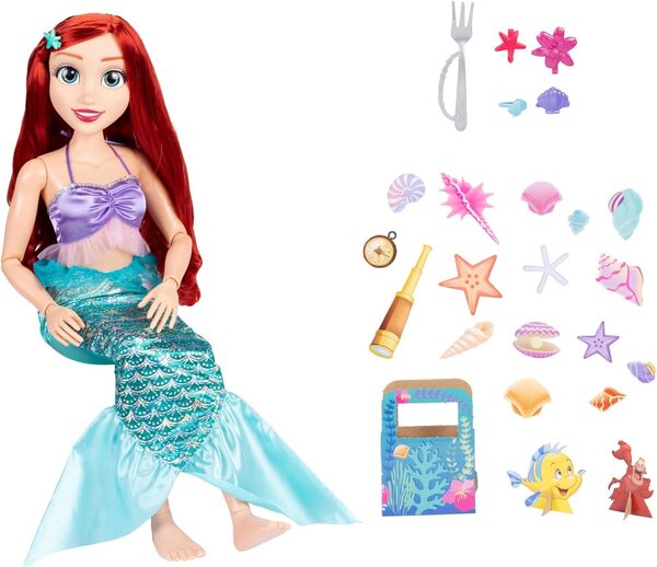 Disney Princesses - Grande Poupée Articulée Ariel La Petite Sirène avec Accessoires - 80 Cm - Robe Sirène - Licence Officielle - Posable - Accessoire coiffures et compagnons - Poupée Enfant - 3 Ans +