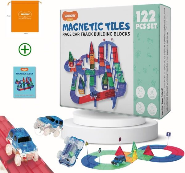 Wonder Toys Lot de 122 Blocs de Construction de Piste de Voiture de Course - Jouet éducatif - Carreaux magnétiques - Kit de Jeu 2 camions - Kit de Construction d'apprentissage STEM - Coordination