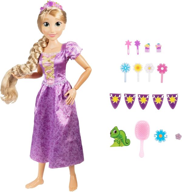 Disney Princesses - Grande Poupée Articulée Raiponce avec Accessoires - 80 Cm - Tresse Soyeuse - Licence Officielle - Posable - Accessoire coiffures Inclus - Cadeau Poupée Enfant - 3 Ans +