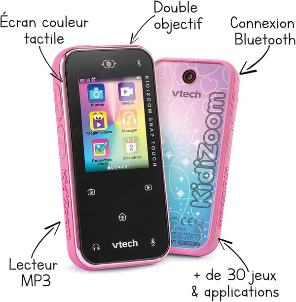 VTech - KidiZoom Snap Touch Rose, Appareil Photo Numérique Portable, Photo, Selfie, Vidéo, Écran Tactile Couleur, Lecteur MP3, Bluetooth, Cadeau Enfant et Ado de 6 Ans à 13 Ans - Contenu en Français