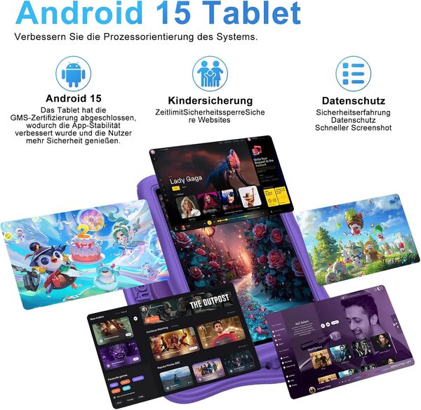 2025 Tablette 9 pouces Android 15 Processeur Octa-Core, 12(6+6) Go RAM + 32Go ROM, 5G + 2.4G WiFi, GMS Support, Bluetooth 5.0, 5000MAH, Support de Carte SD, Étui EVA - Violet