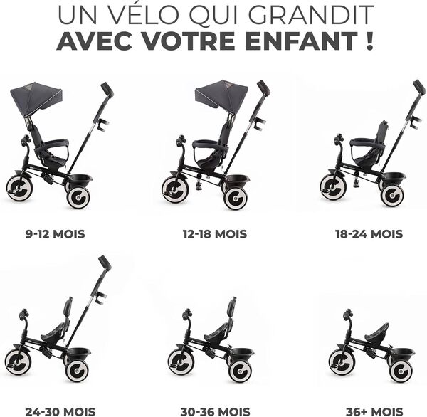 Kinderkraft Aston Tricycle Bébé Évolutif, Draisienne Évolutif, Trike Bebe, Velo Poussette Bebe Évolutif, Velo Enfant 5 Ans, De 9 Mois, Compact, Accessoires Pratiques, Capote Pliante, Gris