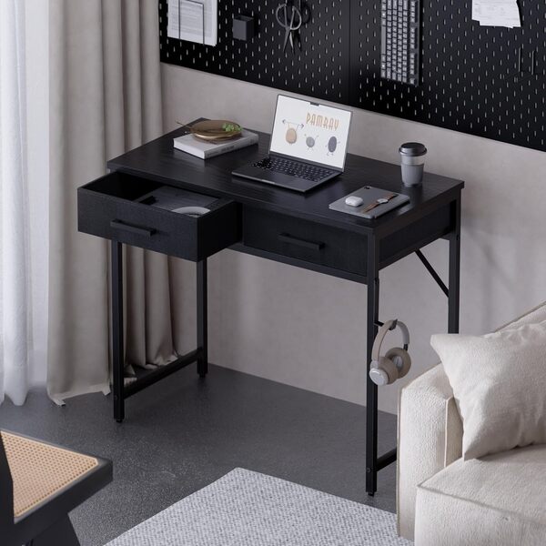 PAMRAY Petit Bureau d'ordinateur de 80 cm avec 2 tiroirs pour Chambre, étude, écriture, Bureau à Domicile pour Petits espaces, Noir