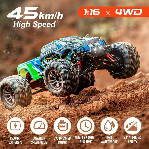 YONCHER YC200 Voiture Télécommandée Tout Terrain, 1/16 45km/h RC Voiture, 2.4GHz 4WD Camion Telecommande pour Adulte Enfants, 4x4 Offroad RC Crawlers Véhicule 2 Batteries 55min+