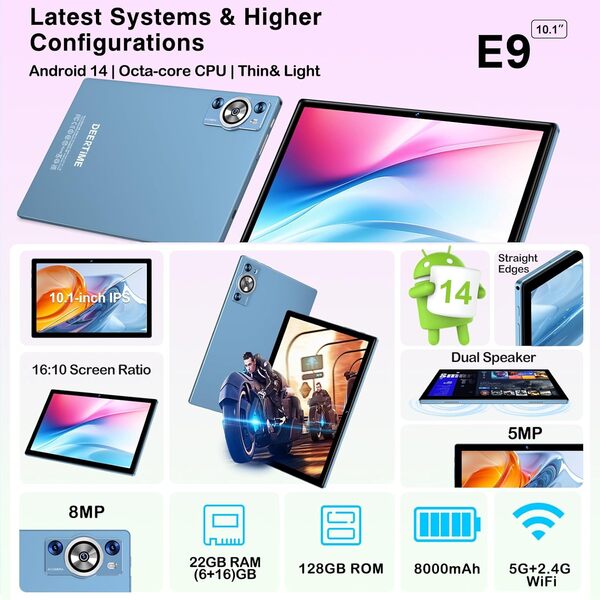 2026 Newest Tablette Android 14,Tablette 10.1 Pouces 22Go RAM+128Go ROM(TF 1To),8 Cœurs 2.0GHz,5G WiFi, GMS,8000mAh/WideVine L1/FHD/BT5.0/GPS/Tablette 2 en 1 avec Clavier Souris-Bleu