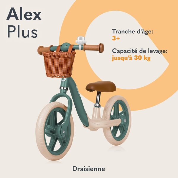 LIONELO ALEX PLUS Bicicleta sin Pedales para Niños hasta 30 kg, a partir de 3 años, Ruedas de Espuma EVA 30,5 cm, Reposapiés Cesta y Ajuste del Asiento y Manillar, Manija Antideslizante, Ligera 3,4 kg