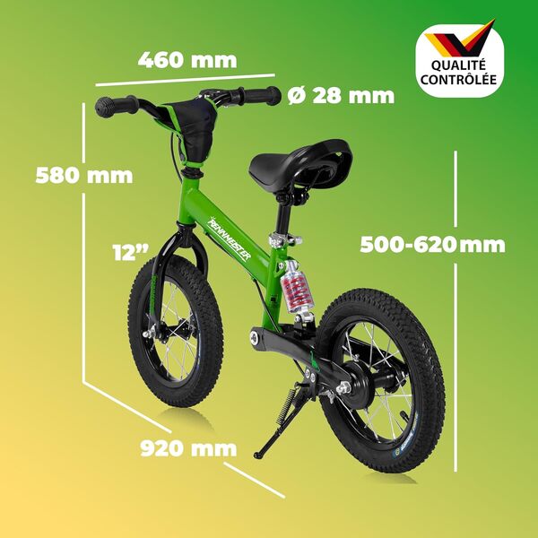 Draisienne | Roues de 3,6 m | Suspension | À partir de 3 ans | Siège et guidon réglables | Béquille | Vélo d'exercice pour enfants et tout-petits | Noir vert