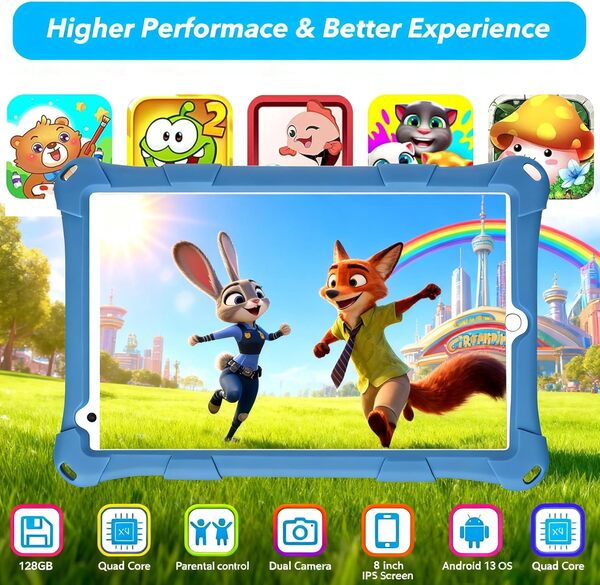 Tablette Enfants, 8 Pouces, Android, 6+10 RAM, 128Go ROM (Carte TF 256 Go), certifiée Google, Logiciel Enfant préinstallé, Wi-FI, étui Antichoc, Cadeau pour Enfants (Bleu)