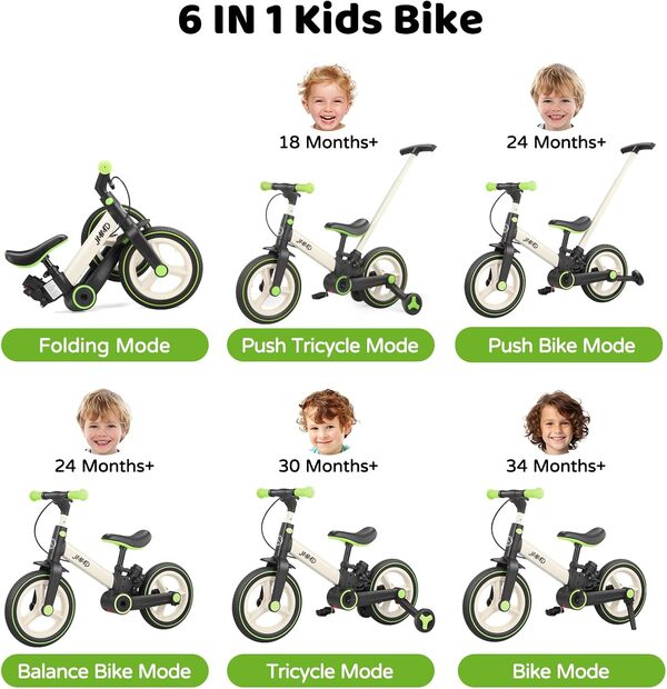 JMMD Vélo d'équilibre 6-en-1 avec Roues stabilisatrices et pédales Tricycle évolutif pour Enfants 18 Mois à 5 Ans Guidon réglable, Freins et béquille Design Pliable Multifonctionnel