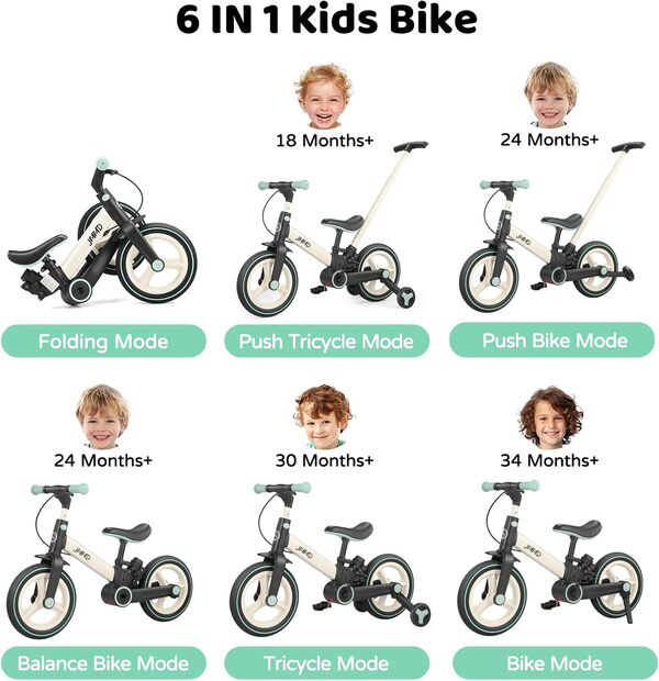 JMMD Vélo d'équilibre 6-en-1 avec Roues stabilisatrices et pédales Tricycle évolutif pour Enfants 18 Mois à 5 Ans Guidon réglable, Freins et béquille Design Pliable Multifonctionnel