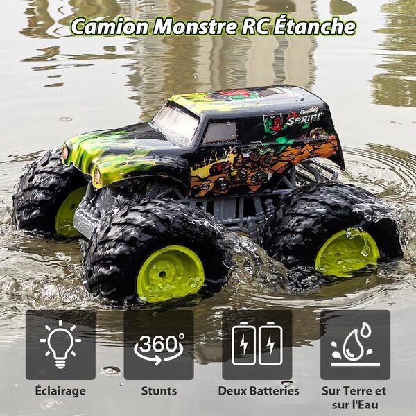 1:16 Monster Truck Télécommandé, Voiture Télécommandée Enfant avec Éclairage, 360° Rotation, Marche Debout, Conduite Inversée, Voiture Radiocommandée Amphibie 2,4 GHz pour Enfants dès 4, 6, 8 Ans