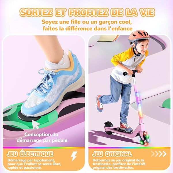 SISIGAD Trottinette Electrique Enfant 6-8-10 Ans Electric Scooter Enfant 5.3 Pouces avec Lumière LED Colorée & 3 Hauteurs Ajustables, Scooter Électrique Enfant Charge Max 70 Kg, Vitesse Max 10 Km/h